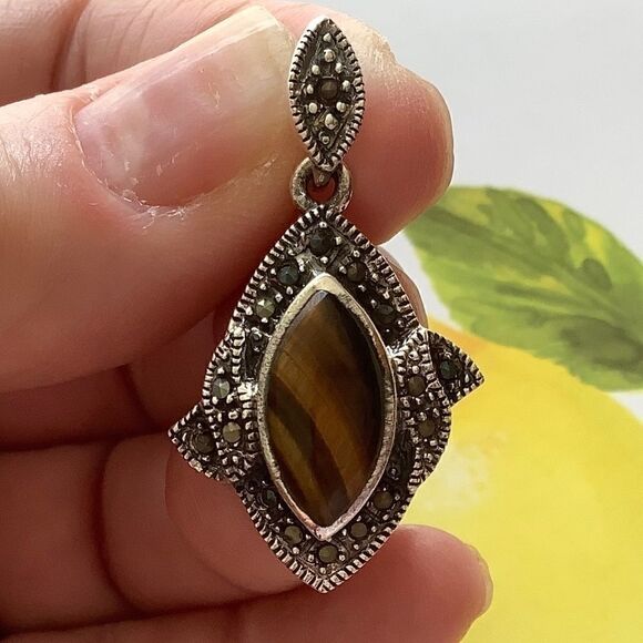 𝅺STERLING SILVER 925 TIGER EYE MARCASITE WOMAN PENDANT​​ - Picture 7 of 7